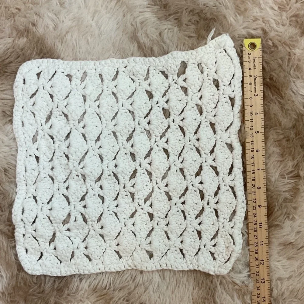 Handmade Crochet Shell Stitch Washcloth Doily Cream Off White 12.5in Square